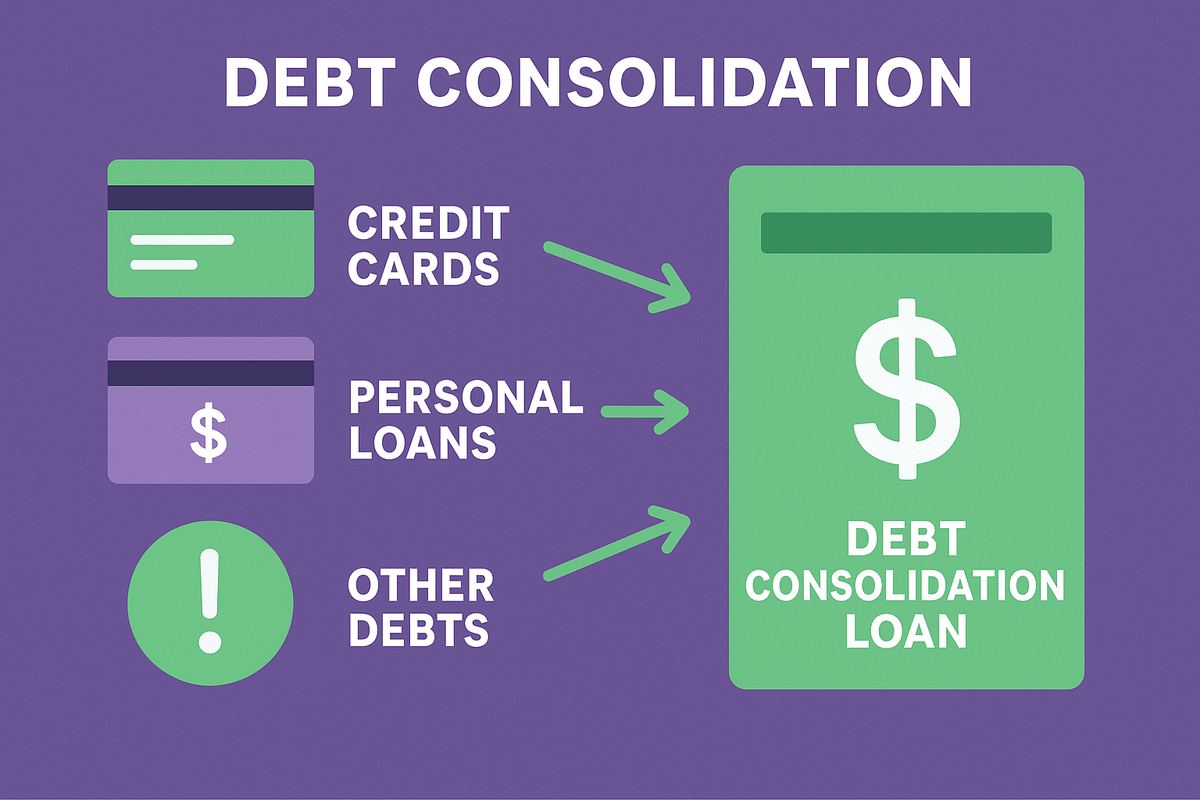 Debt consolidation concept showing multiple debts combining into one loan