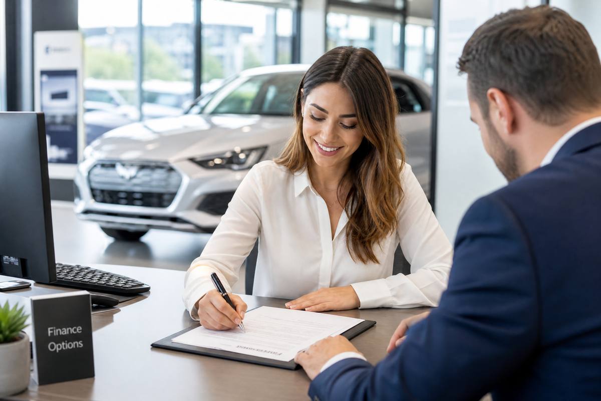 Person signing car finance paperwork at a dealership with a new car in the background