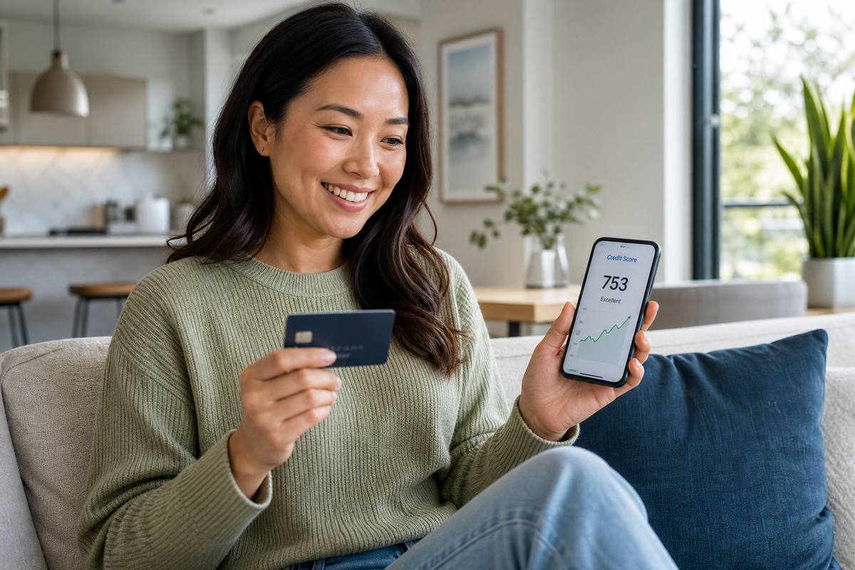 Woman holding a credit builder card and smiling at a rising credit score on her phone