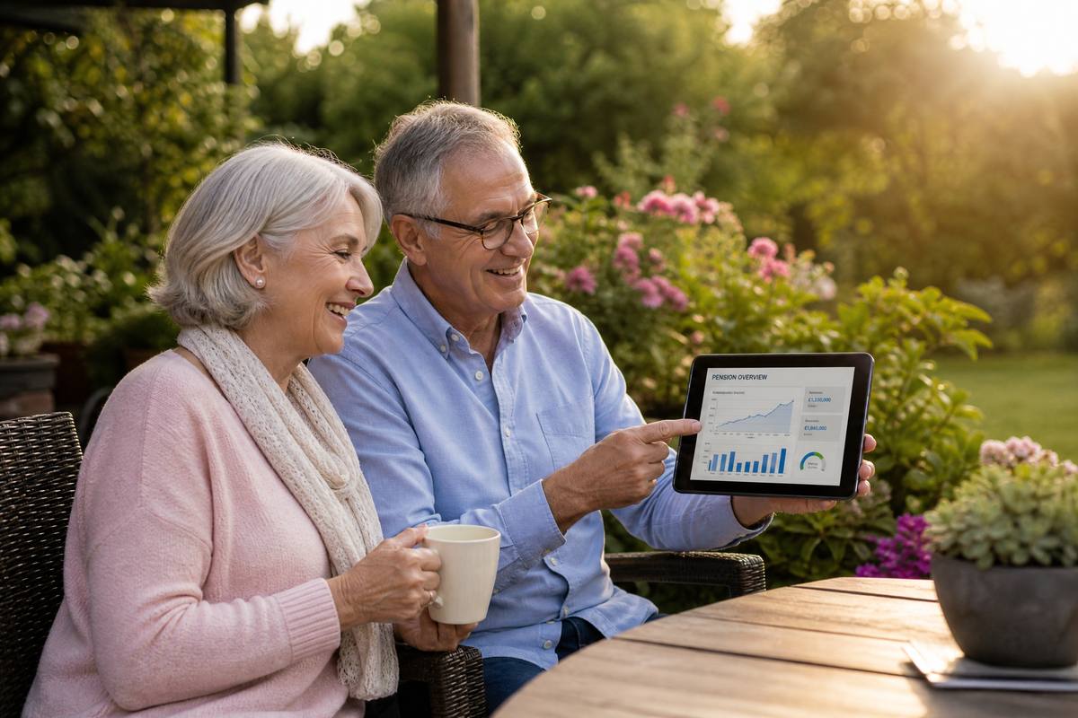 Retired couple in their garden reviewing pension overview on a tablet