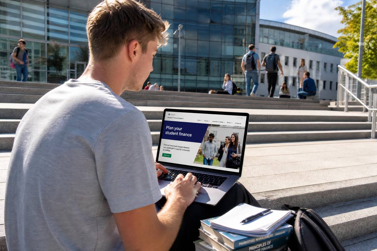 University student on campus steps with laptop researching student finance options