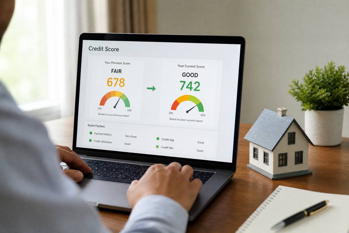 A person with a credit score dashboard showing improvement