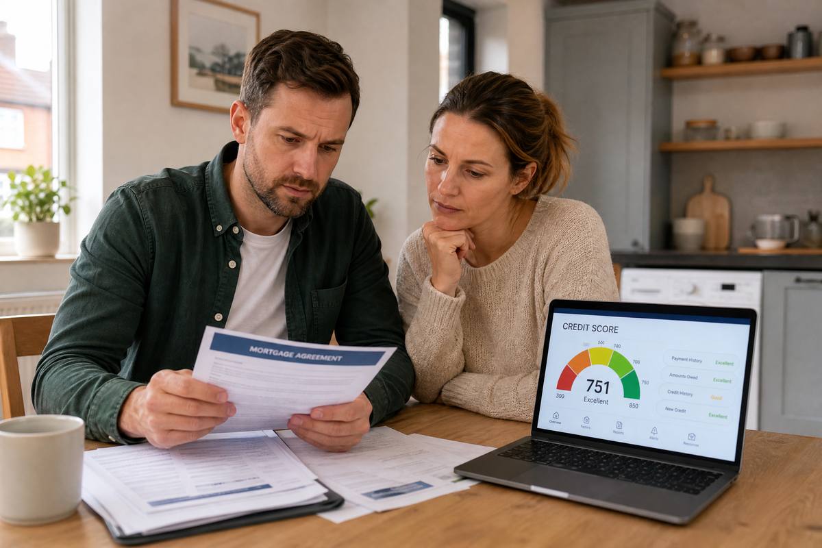 A couple reviewing mortgage documents with a credit score on a laptop