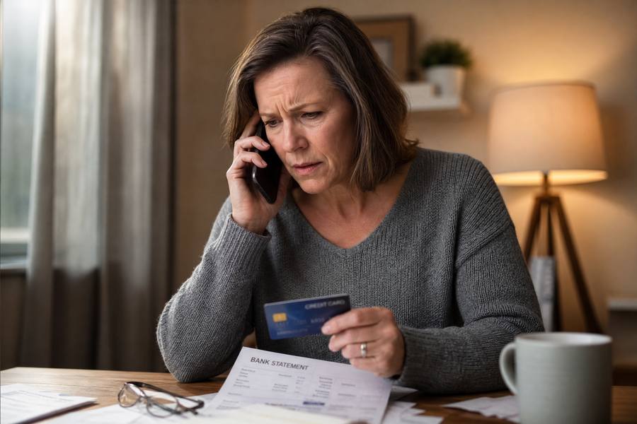 Woman urgently calling her bank to cancel a lost card while holding a credit card and bank statement